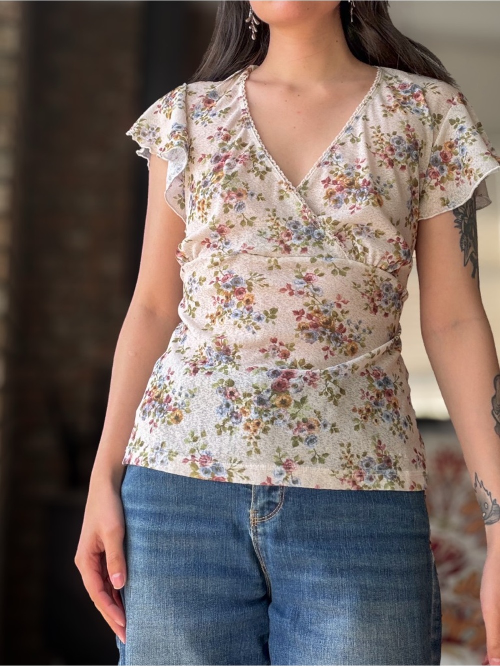 Vintage 90's Off-White Rose Print Coquette Babydoll Sleeve Milkmaid top